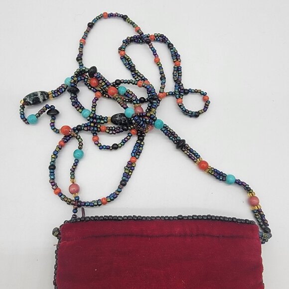 Red 100% Silk Bag Velvet Beaded Trim Small Evening Fancy Beaded Colorful‎ Boho - Picture 6 of 11